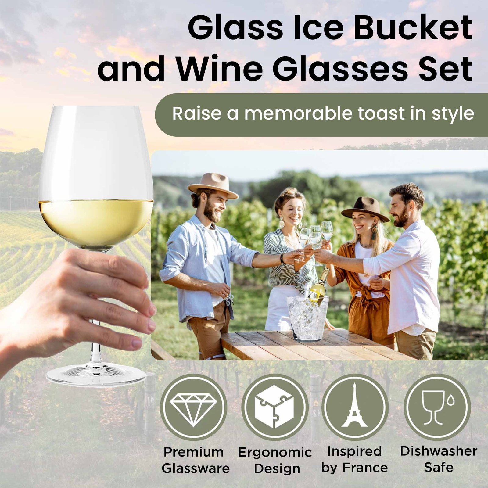 4 Wine Glasses 430ml & 1.5 Litre Glass Ice Bucket - White Wine Gift Set - Image 3